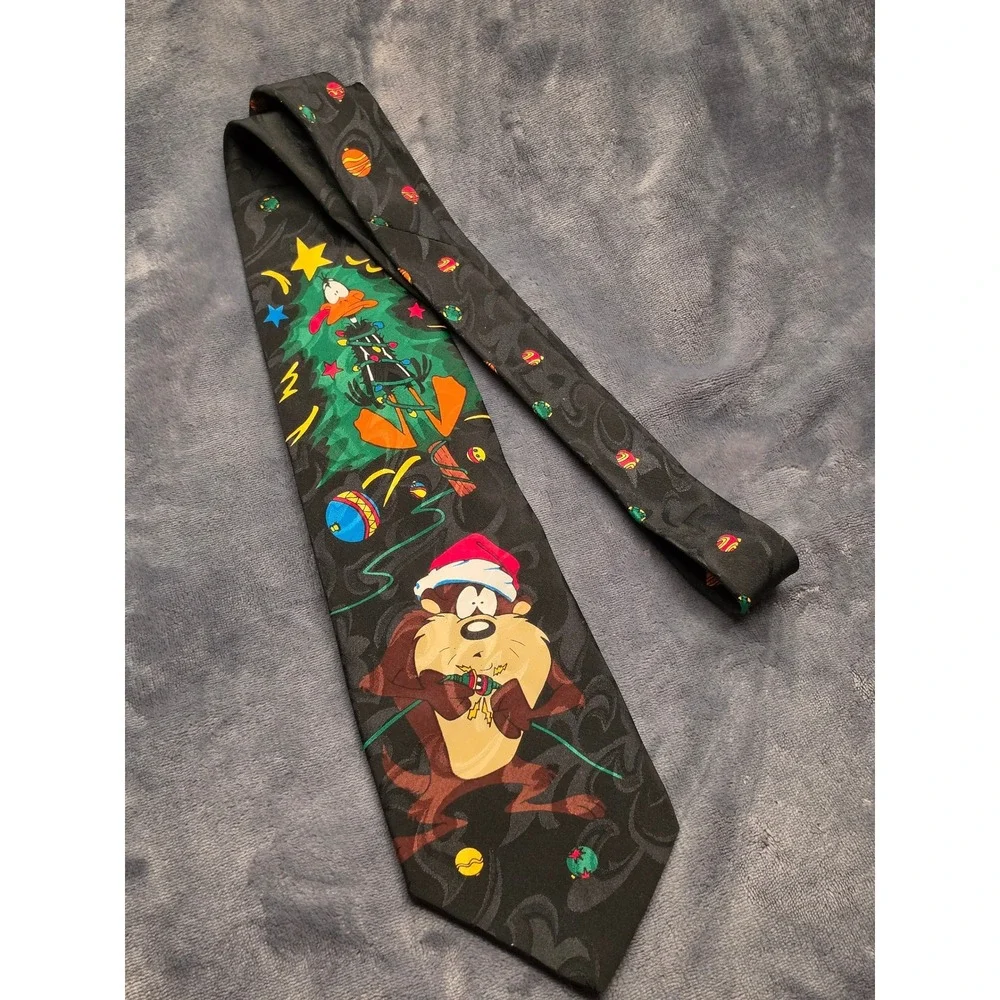 Vintage 1995 Looney Tunes Christmas Tie Taz Daffy Duck Holiday Black Silk Look
